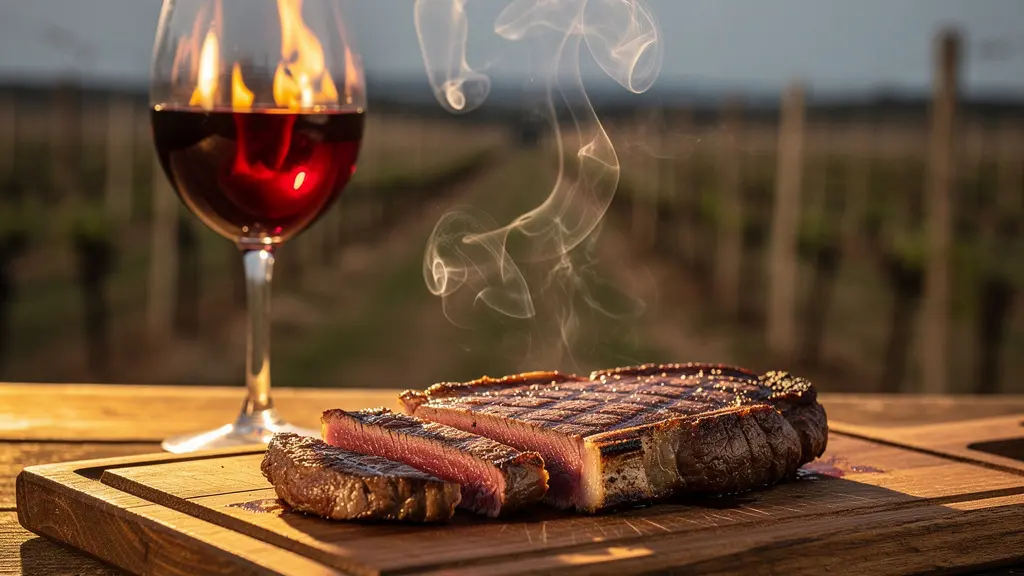 Verre de vin rouge de Bordeaux avec reflets rubis près d'une entrecôte grillée sur table rustique
