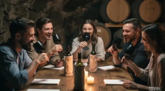 Groupe d'amis lors d'une dégustation de vin à l'aveugle dans une cave atmosphérique