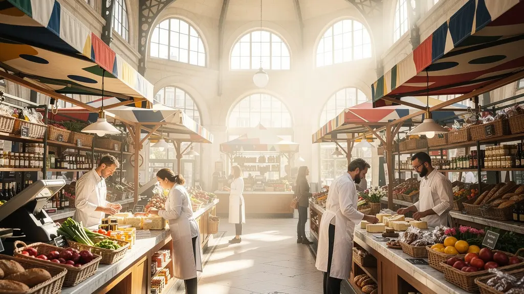Vue intérieure atmosphérique des Halles Paul Bocuse avec des artisans et leurs étals de produits artisanaux