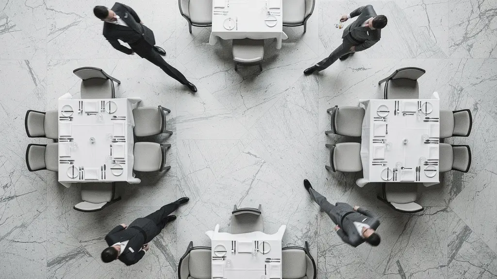 Vue aérienne d'un service orchestré dans un restaurant étoilé montrant la chorégraphie des serveurs