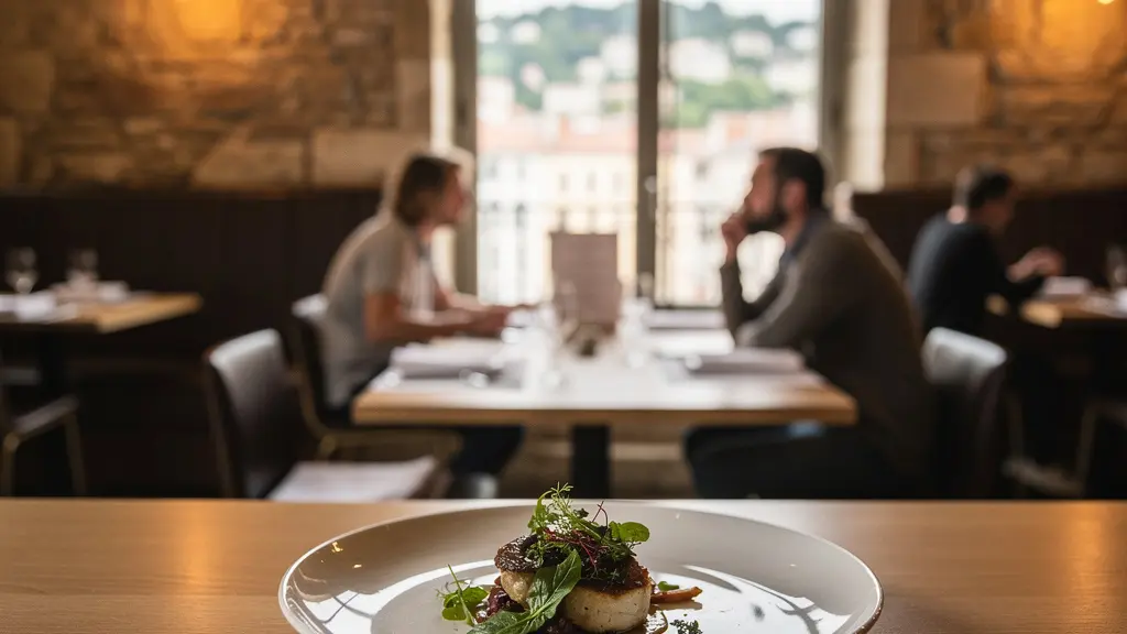 Restaurant bistronomique lyonnais avec assiette raffinée et ambiance conviviale