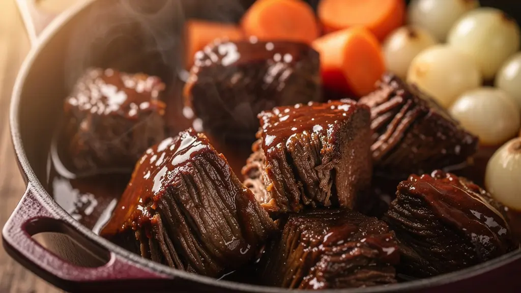 Bœuf bourguignon mijotant dans une cocotte en fonte avec morceaux de viande dorés et légumes
