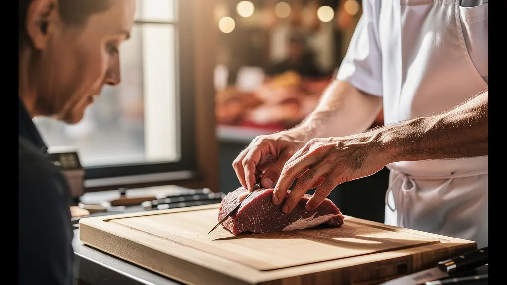 Boucher artisan en discussion avec un client devant un étal de viandes nobles