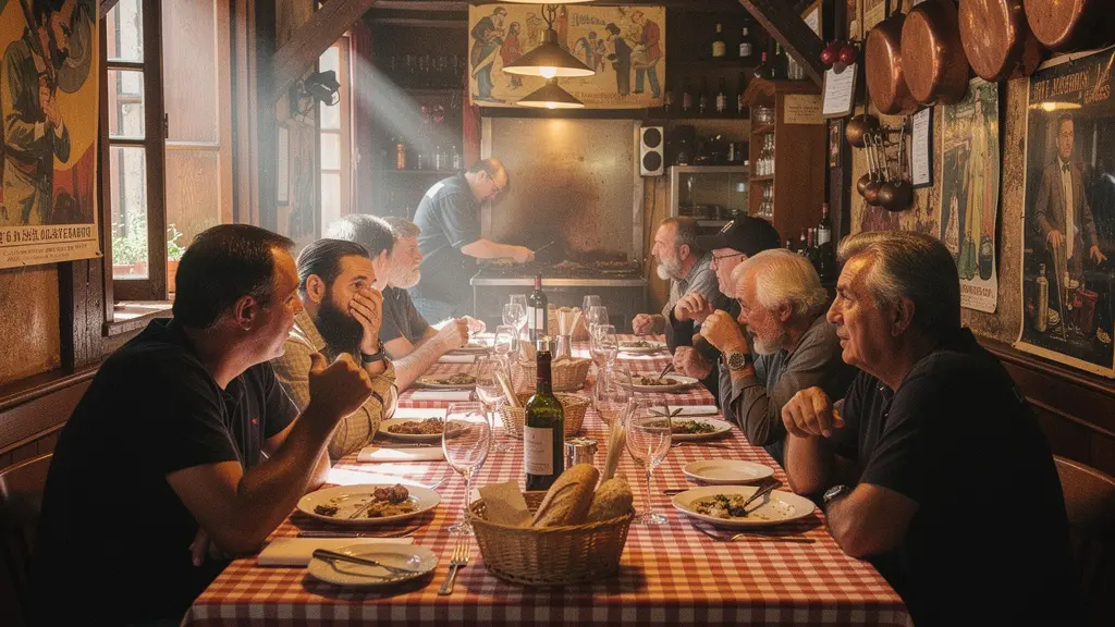 Intérieur authentique d'un bouchon lyonnais avec convives attablés dans une ambiance chaleureuse
