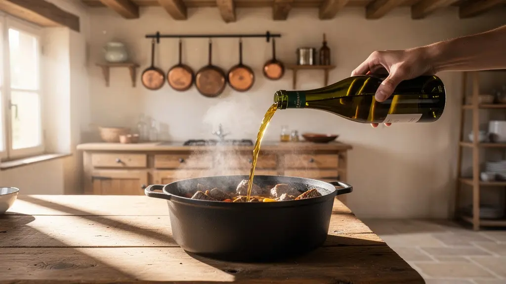 Bouteille de vin blanc bourguignon Aligoté avec morceaux de bœuf mijotés en arrière-plan