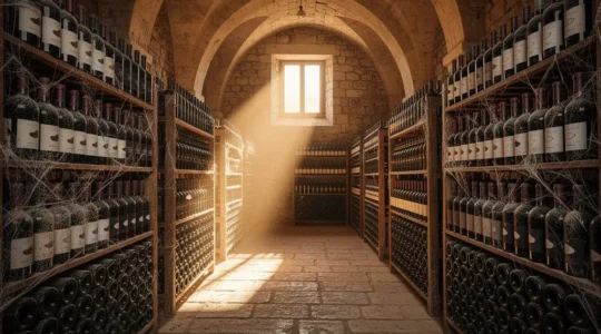 Bouteilles de vin du Rhône 2018 dans une cave voûtée en pierre avec éclairage tamisé révélant les étiquettes millésimées