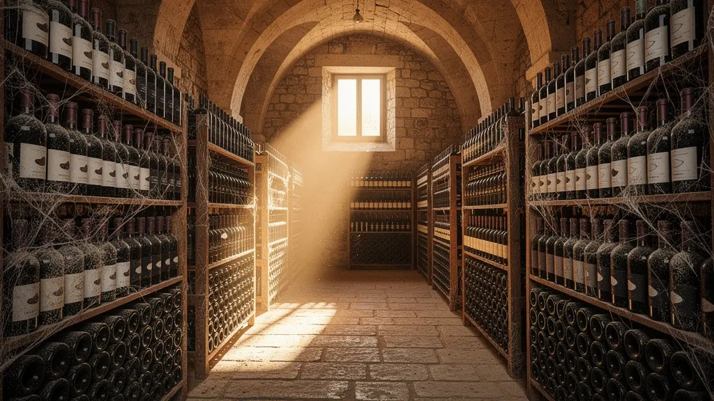 Bouteilles de vin du Rhône 2018 dans une cave voûtée en pierre avec éclairage tamisé révélant les étiquettes millésimées