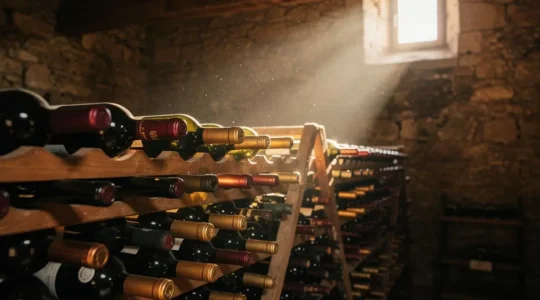 Bouteilles de vin du Rhône alignées dans une cave traditionnelle avec éclairage doré