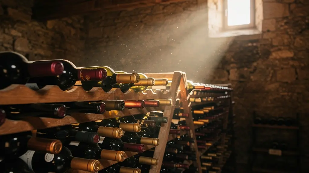 Bouteilles de vin du Rhône alignées dans une cave traditionnelle avec éclairage doré