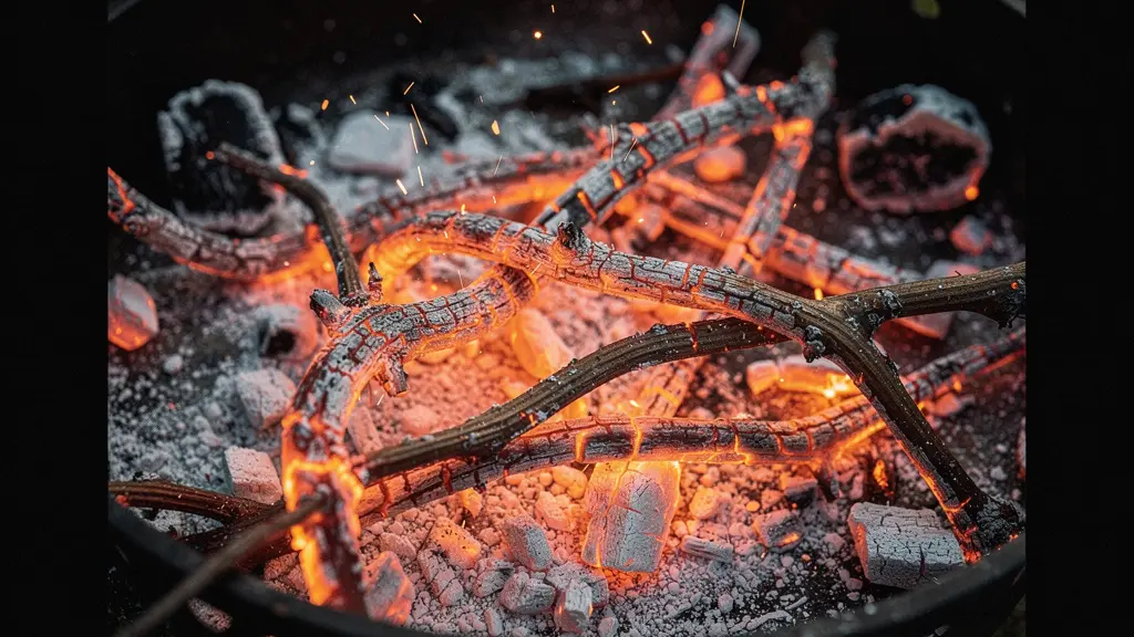 Gros plan sur des braises de sarments rougeoyantes avec texture de cendres blanches