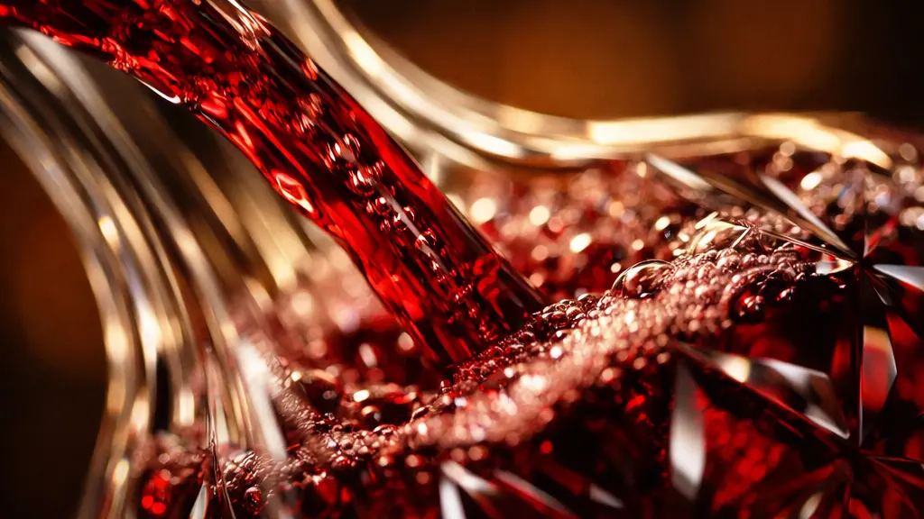 Gros plan macro sur le vin rouge s'écoulant dans une carafe en cristal, bulles d'oxygène visibles