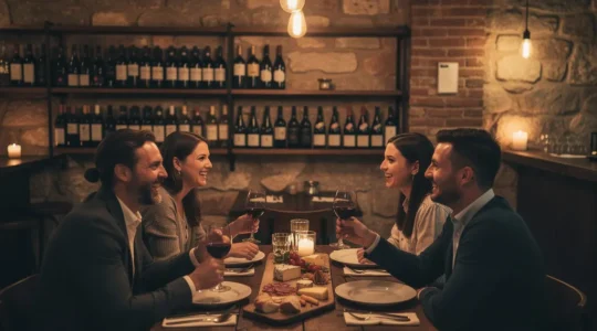 Ambiance chaleureuse d'une cave à manger avec amis partageant vin et planches de charcuterie