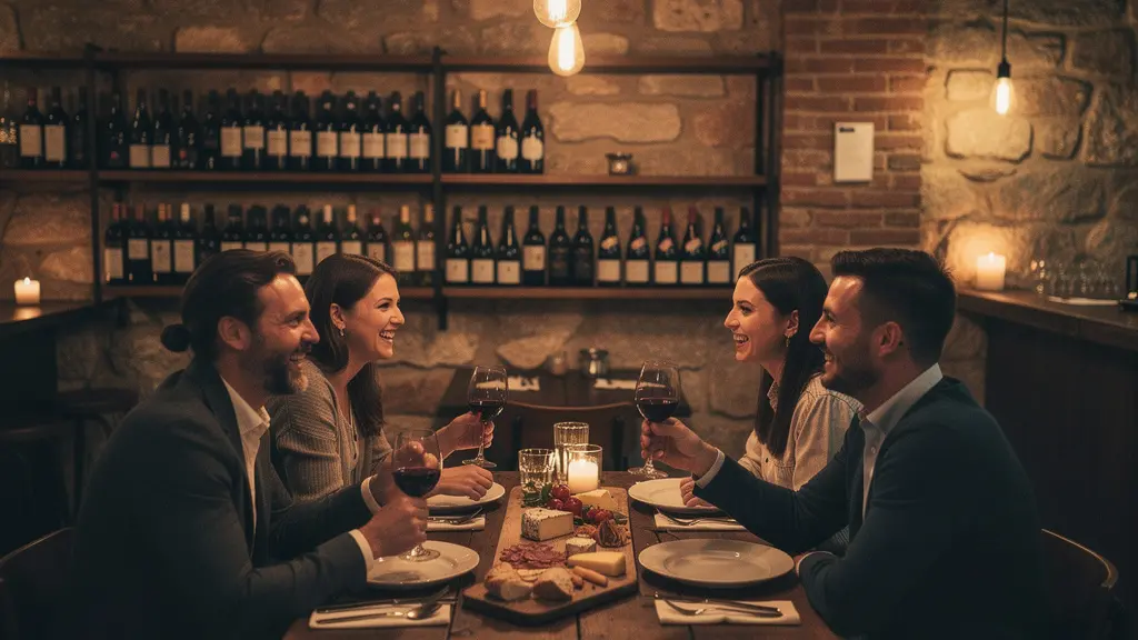 Ambiance chaleureuse d'une cave à manger avec amis partageant vin et planches de charcuterie