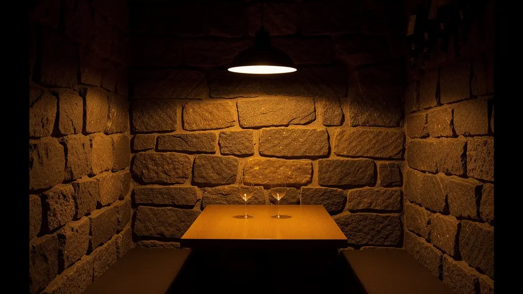 Cave à vin intimiste avec éclairage tamisé et murs en pierre