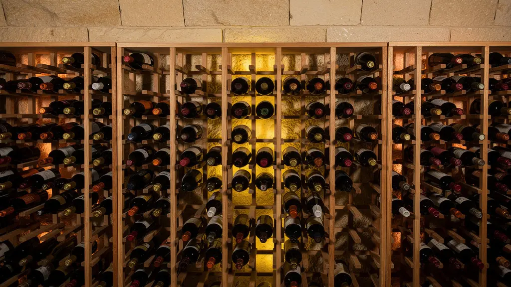 Cave à vin particulière organisée avec différentes sections éclairées de manière atmosphérique