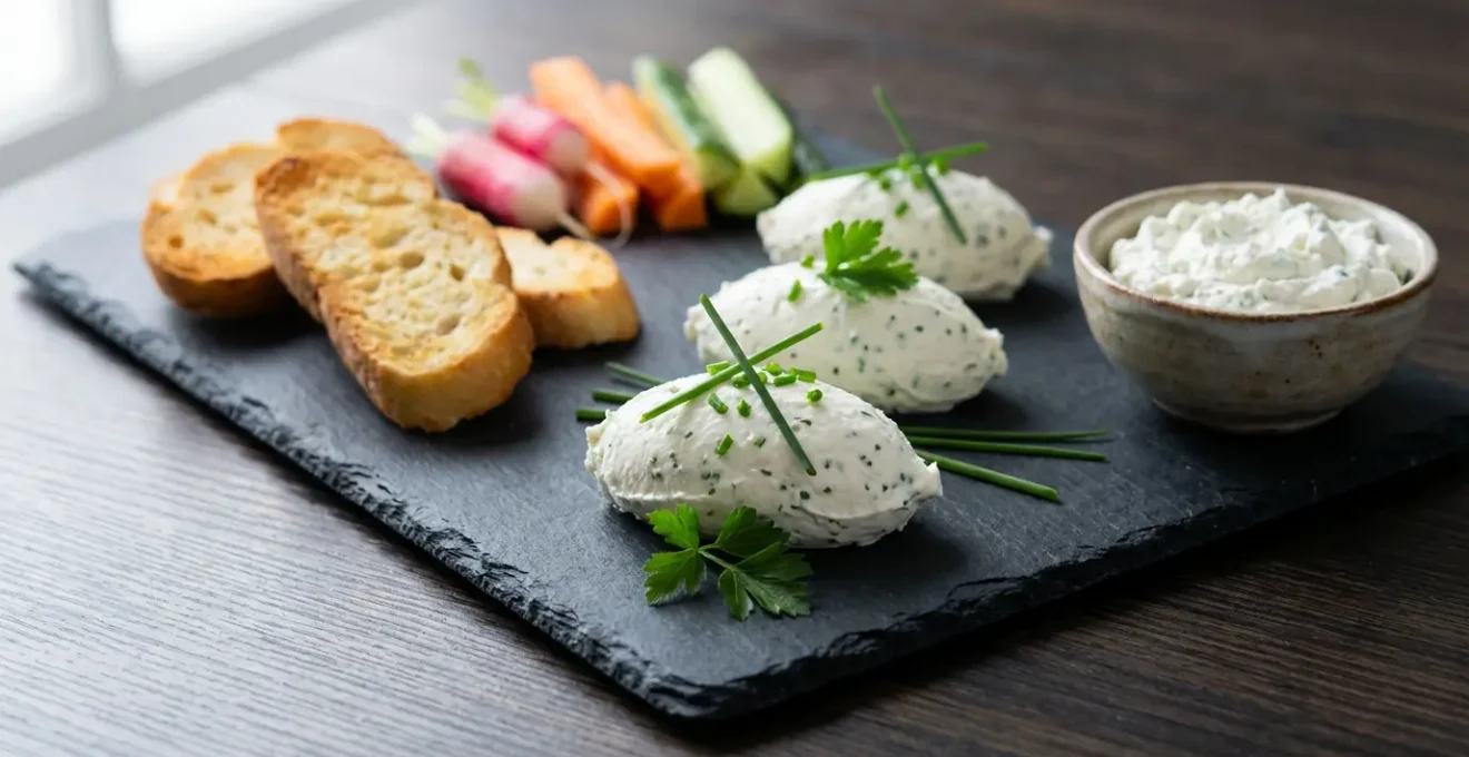Présentation moderne de la cervelle de canut sur ardoise avec pain grillé et légumes croquants