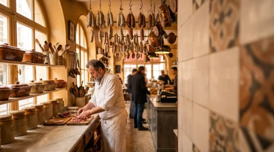 Intérieur d'une charcuterie artisanale lyonnaise avec un maître charcutier préparant un pâté en croûte