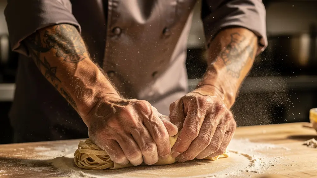 Chef en pleine préparation artisanale avec gestes techniques précis