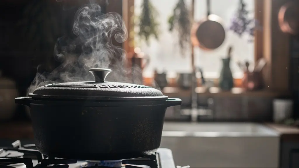 Vieille cocotte en fonte culottée dégageant de la vapeur sur un fourneau ancien