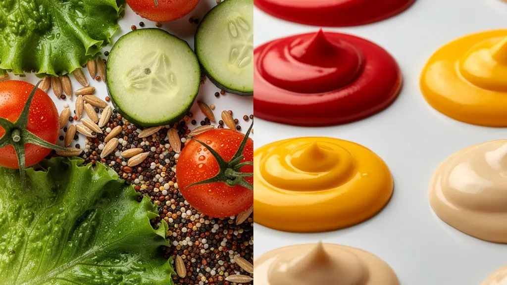 Comparaison visuelle entre des ingrédients frais et des produits transformés dans un contexte de restauration rapide