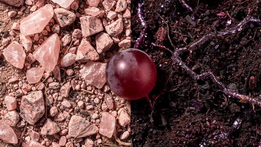 Gros plan sur deux échantillons de sols du Beaujolais : granit rose et sol riche en manganèse