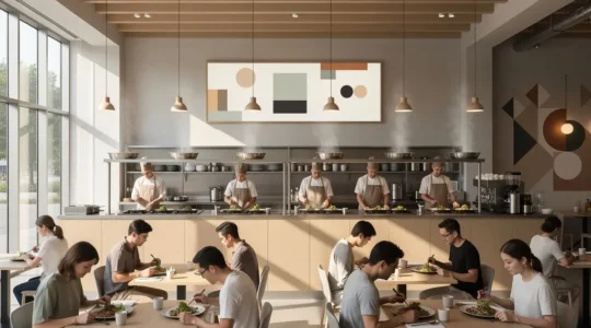 Intérieur moderne d'un restaurant mono-produit avec une cuisine ouverte et des clients attentifs