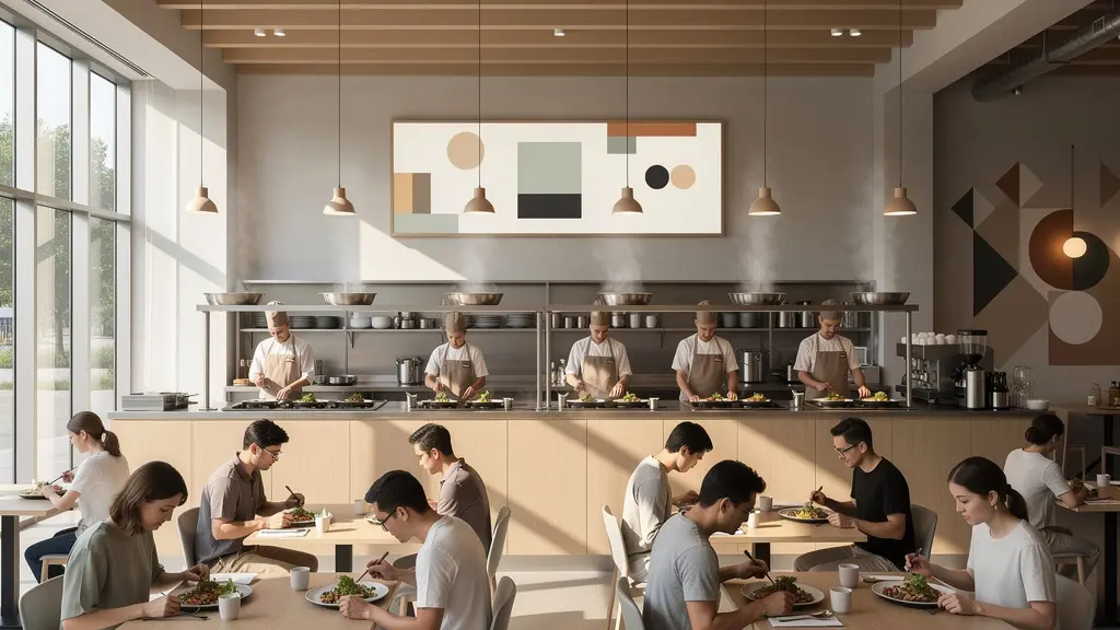 Intérieur moderne d'un restaurant mono-produit avec une cuisine ouverte et des clients attentifs