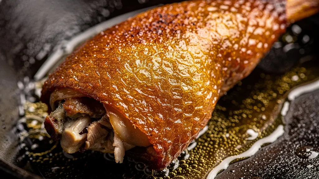 Cuisse de canard confite dorée dans une poêle avec peau croustillante