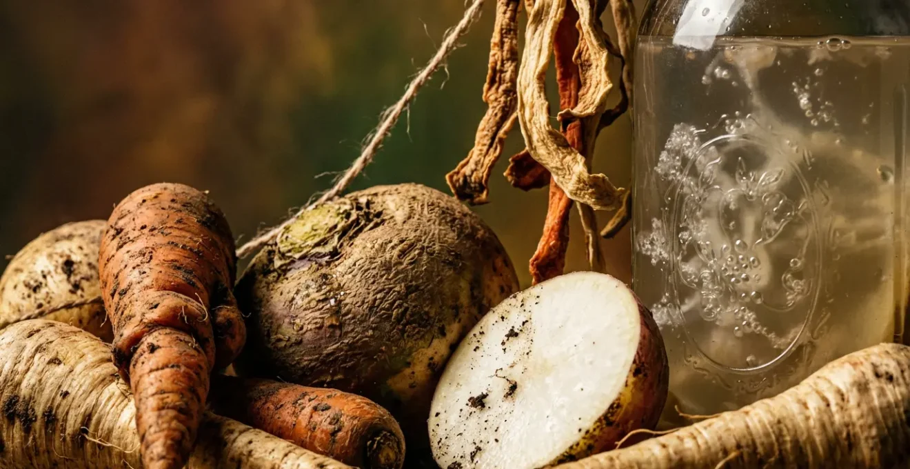 Cave de conservation avec légumes racines et bocaux de lacto-fermentation dans une lumière tamisée