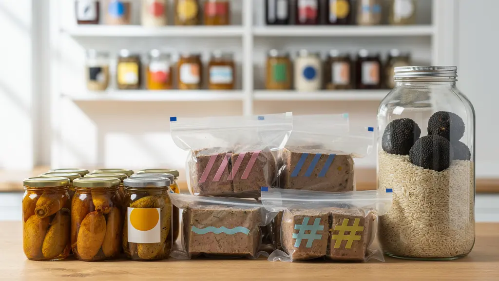 Vue d'ensemble d'un plan de travail avec bocaux de conservation, foie gras et truffes préparés pour le stockage