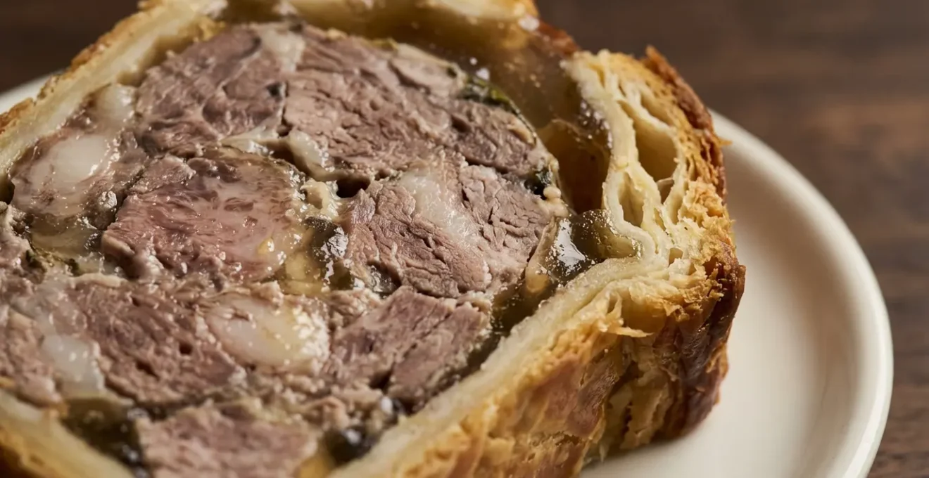 Coupe transversale d'un pâté en croûte artisanal montrant la texture hétérogène de la farce et les morceaux de viande.