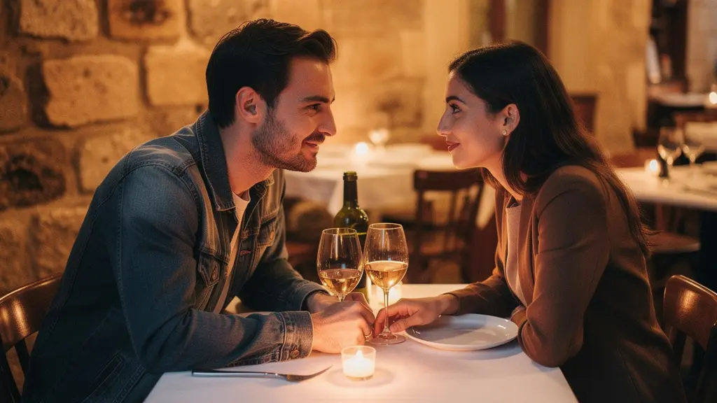 Couple dînant dans un restaurant intimiste lyonnais avec éclairage aux chandelles