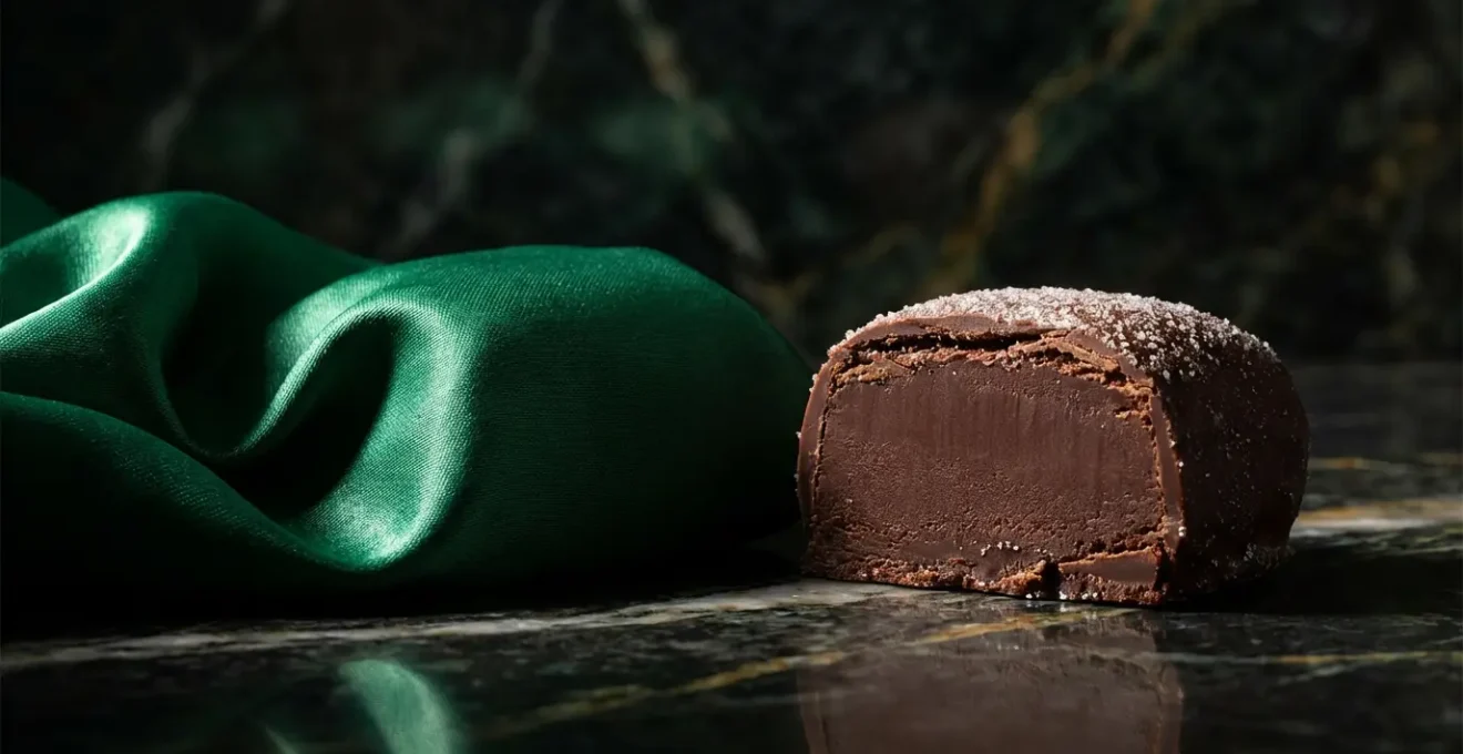 Coupe d'un Coussin de Lyon artisanal révélant une ganache au chocolat fondante et une pâte d'amande riche.