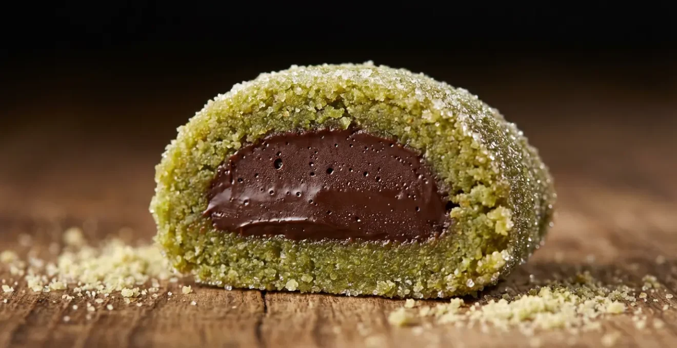 Gros plan macro sur la texture d'un Coussin de Lyon révélant la pâte d'amande et la ganache