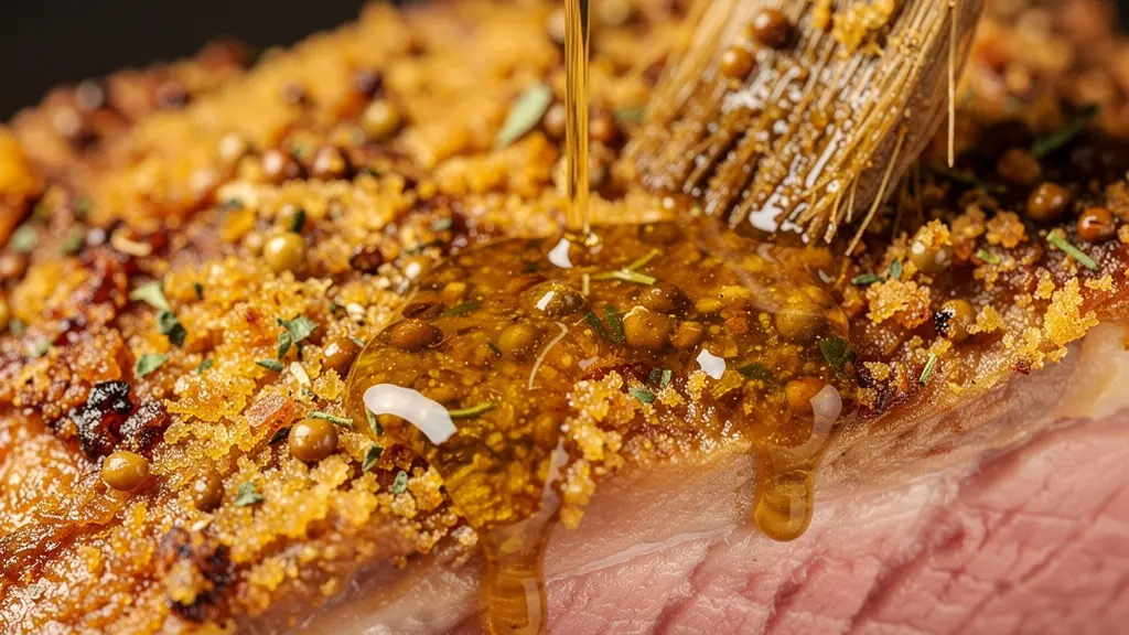 Gros plan sur une croûte dorée de moutarde à l'ancienne sur un rôti de porc