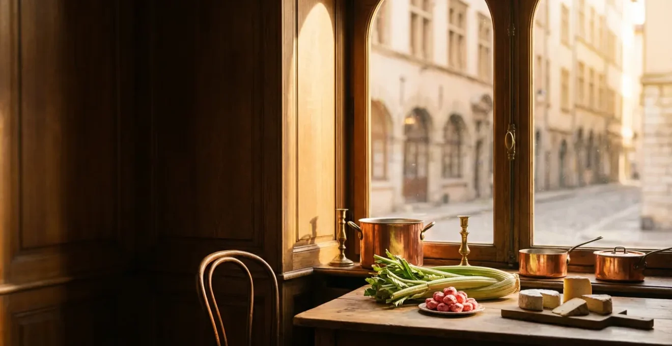Vue atmosphérique d'une brasserie lyonnaise traditionnelle au crépuscule avec l'architecture Renaissance en arrière-plan