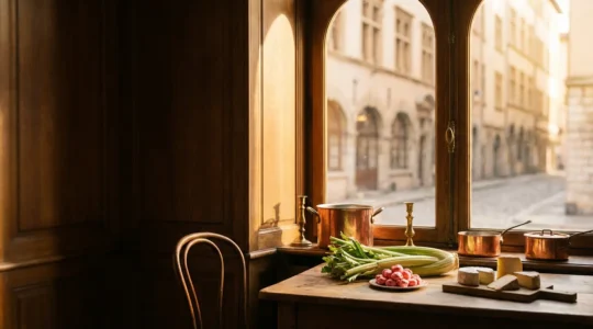 Vue atmosphérique d'une brasserie lyonnaise traditionnelle au crépuscule avec l'architecture Renaissance en arrière-plan