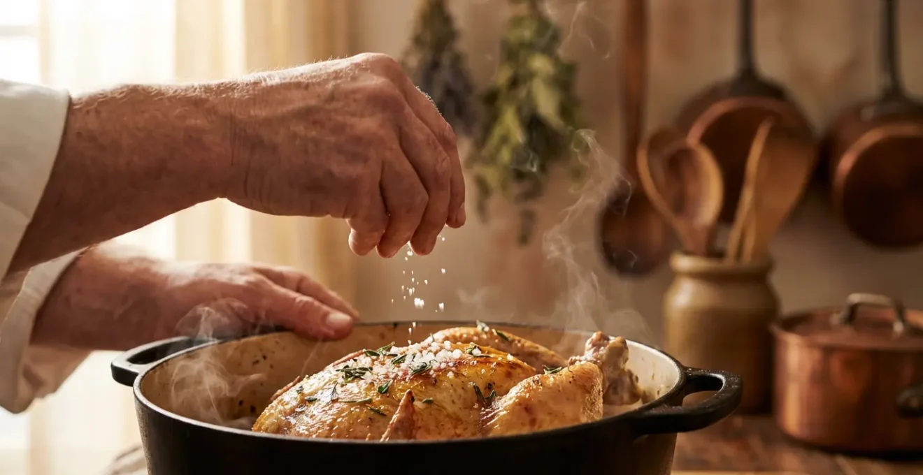 Cuisson douce d'une volaille AOP dans une cocotte en fonte avec aromates