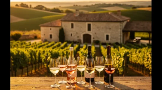 Dégustation de vin dans un domaine viticole avec vignobles en arrière-plan