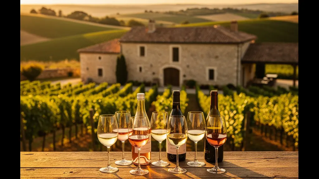 Dégustation de vin dans un domaine viticole avec vignobles en arrière-plan