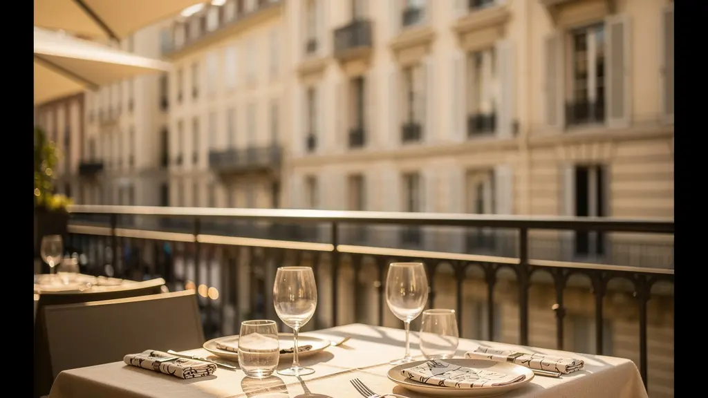 Vue d'une terrasse de restaurant élégante dans la Presqu'île de Lyon avec table dressée et architecture haussmannienne