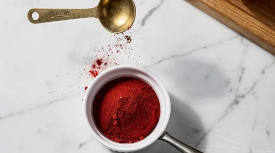 Préparation culinaire professionnelle avec mesure précise de poudre de piment d'Espelette en cuisine