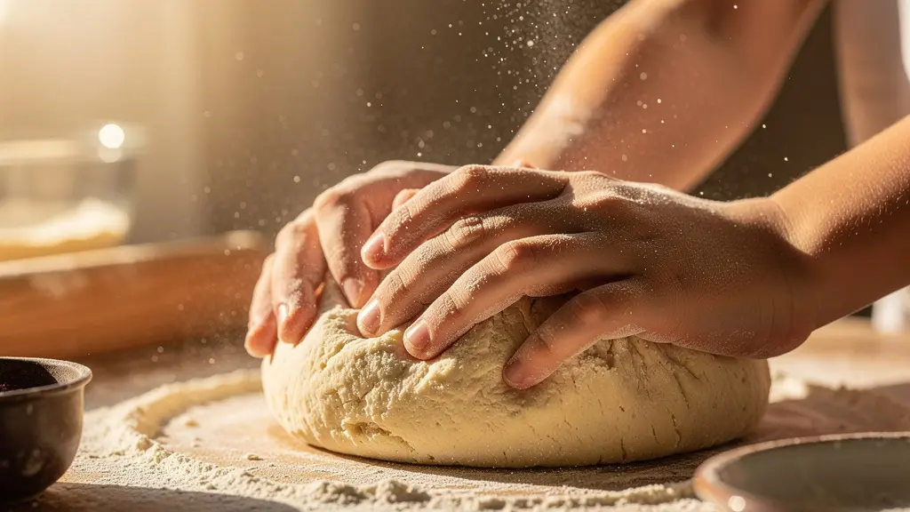 Enfant de 8 ans concentré en atelier de cuisine, manipulant des ustensiles avec application