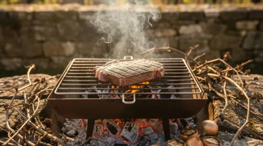 Entrecôte grillée sur braises de sarments de vigne avec échalotes confites dans une ambiance fumée rustique
