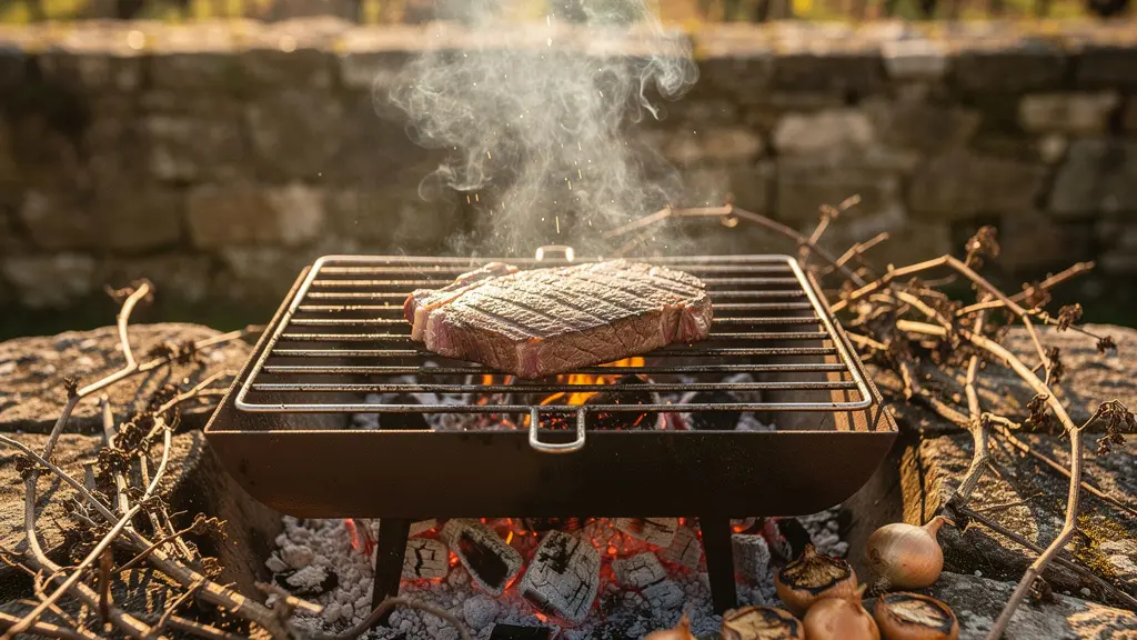 Entrecôte grillée sur braises de sarments de vigne avec échalotes confites dans une ambiance fumée rustique