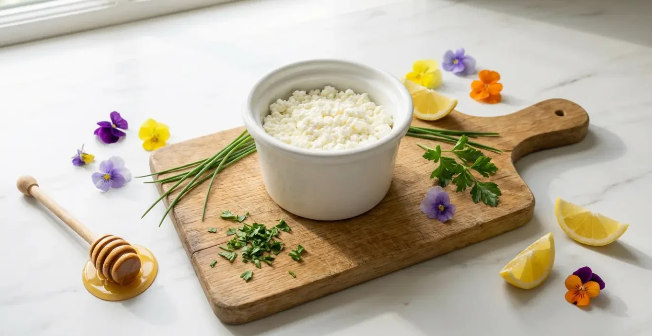 Faisselle fraîche dans son moule traditionnel accompagnée d'herbes aromatiques et d'ingrédients culinaires variés