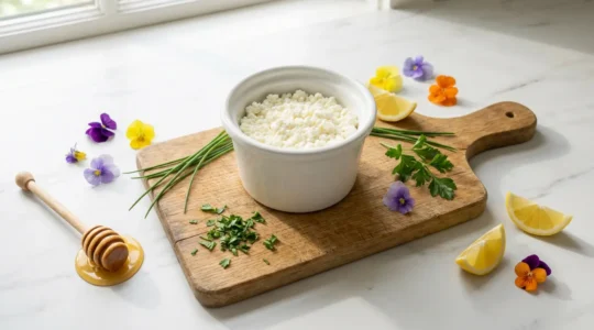 Faisselle fraîche dans son moule traditionnel accompagnée d'herbes aromatiques et d'ingrédients culinaires variés