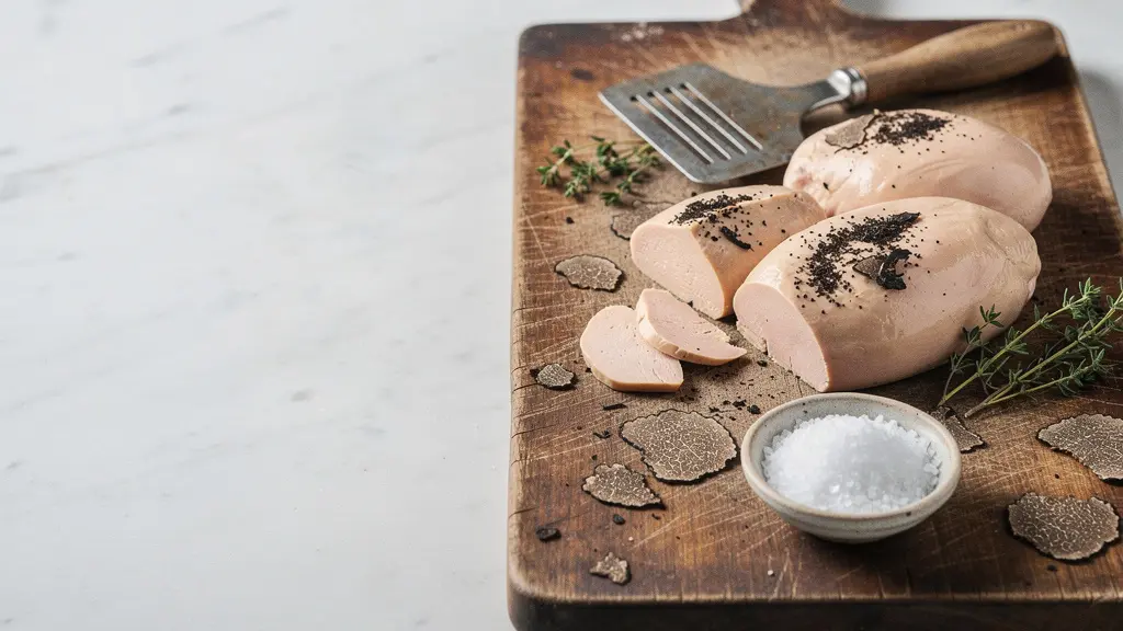 Vue en plongée d'une cuisine avec planche de découpe en bois, truffe noire et foie gras frais préparés pour les fêtes