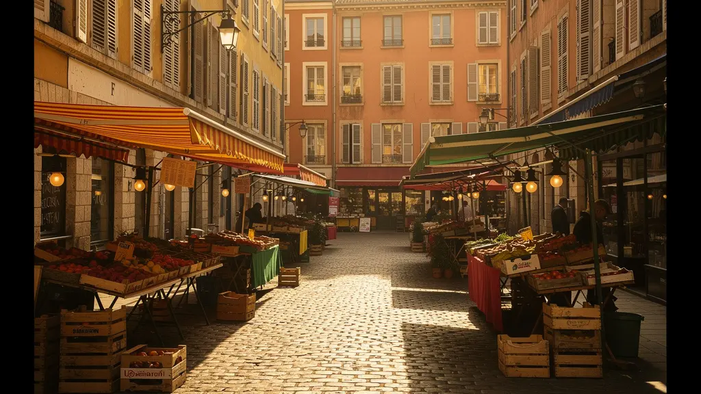 Vue atmosphérique d'une ruelle lyonnaise pavée avec terrasses et gourmands