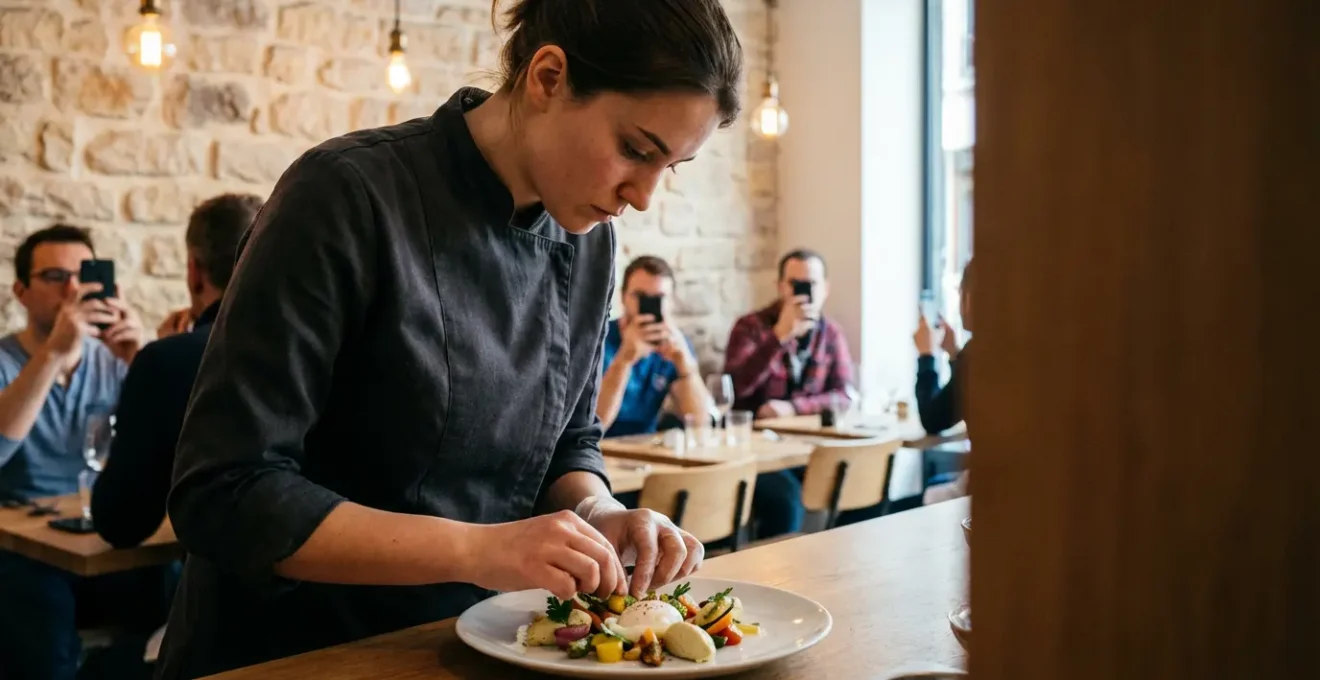 Un chef lyonnais moderne photographiant un plat traditionnel revisité dans une ambiance bouchon contemporaine